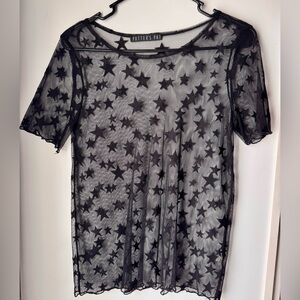 Star Pattern Sheer Mesh Short Sleeve Shirt Potter’s Pot Sz Women’s Medium Black